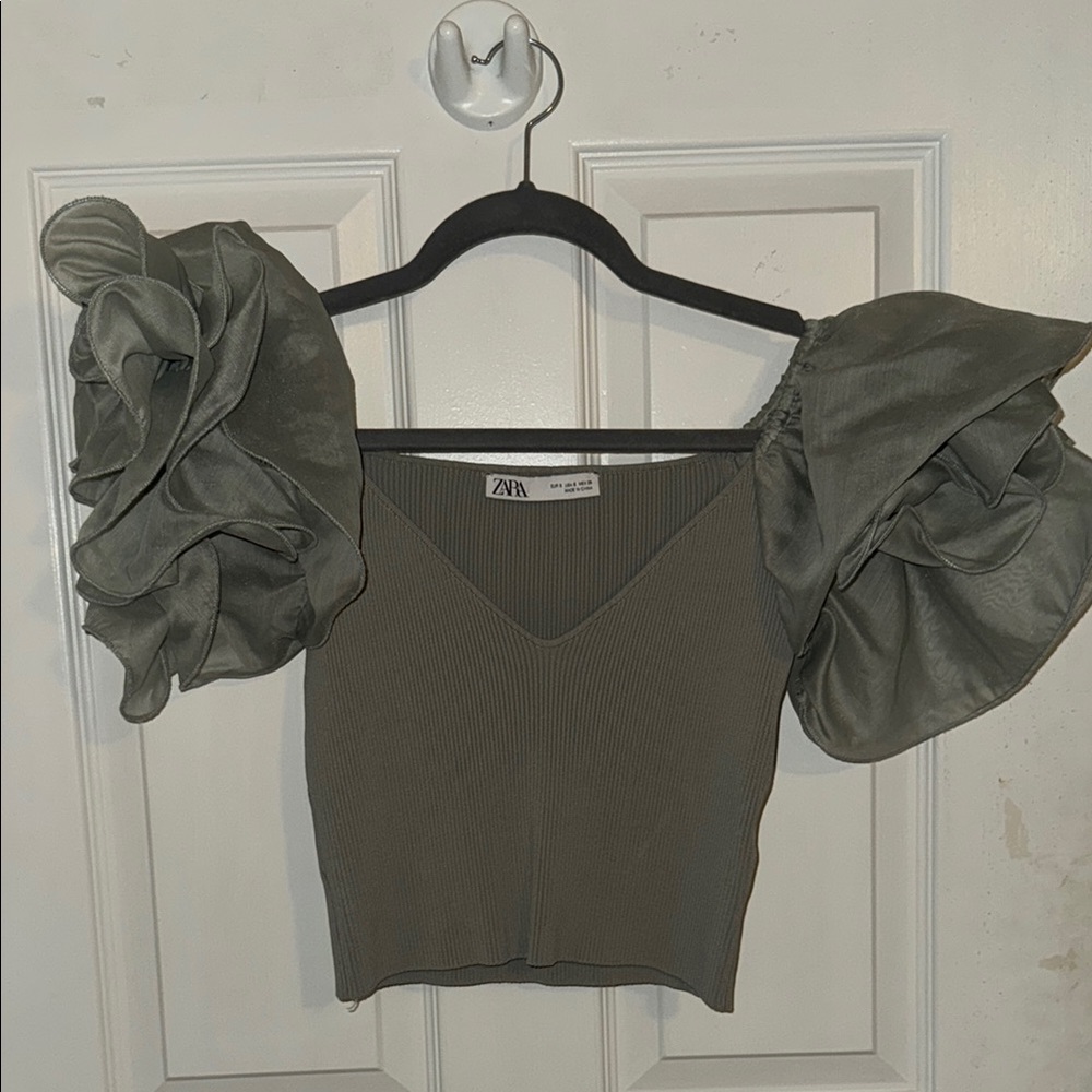 Zara Olive Green Women's Top with Ruffled Sleeves